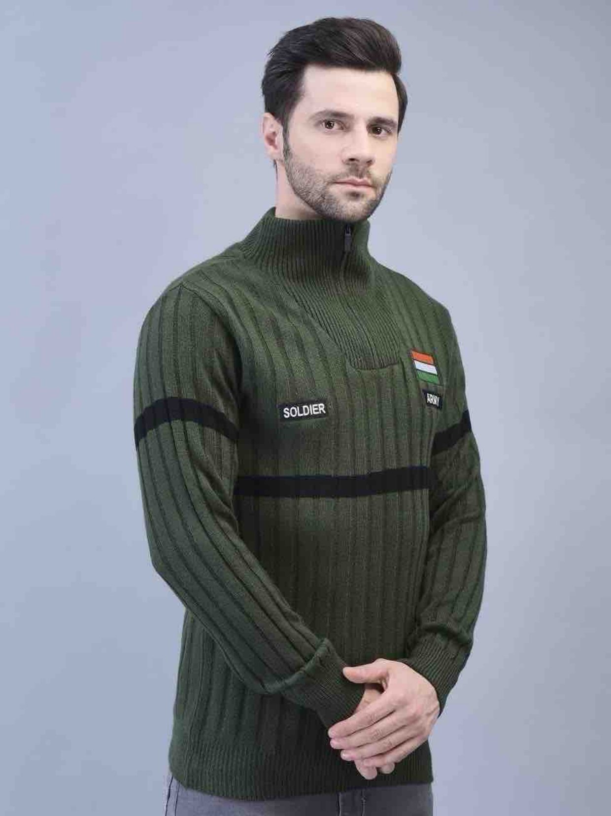 Green black half zipper pullover with Army and flag Jackets for Men