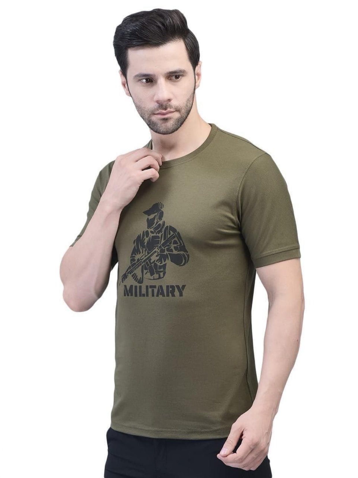 Green cotton lycra tee with front military logo T- Shirt