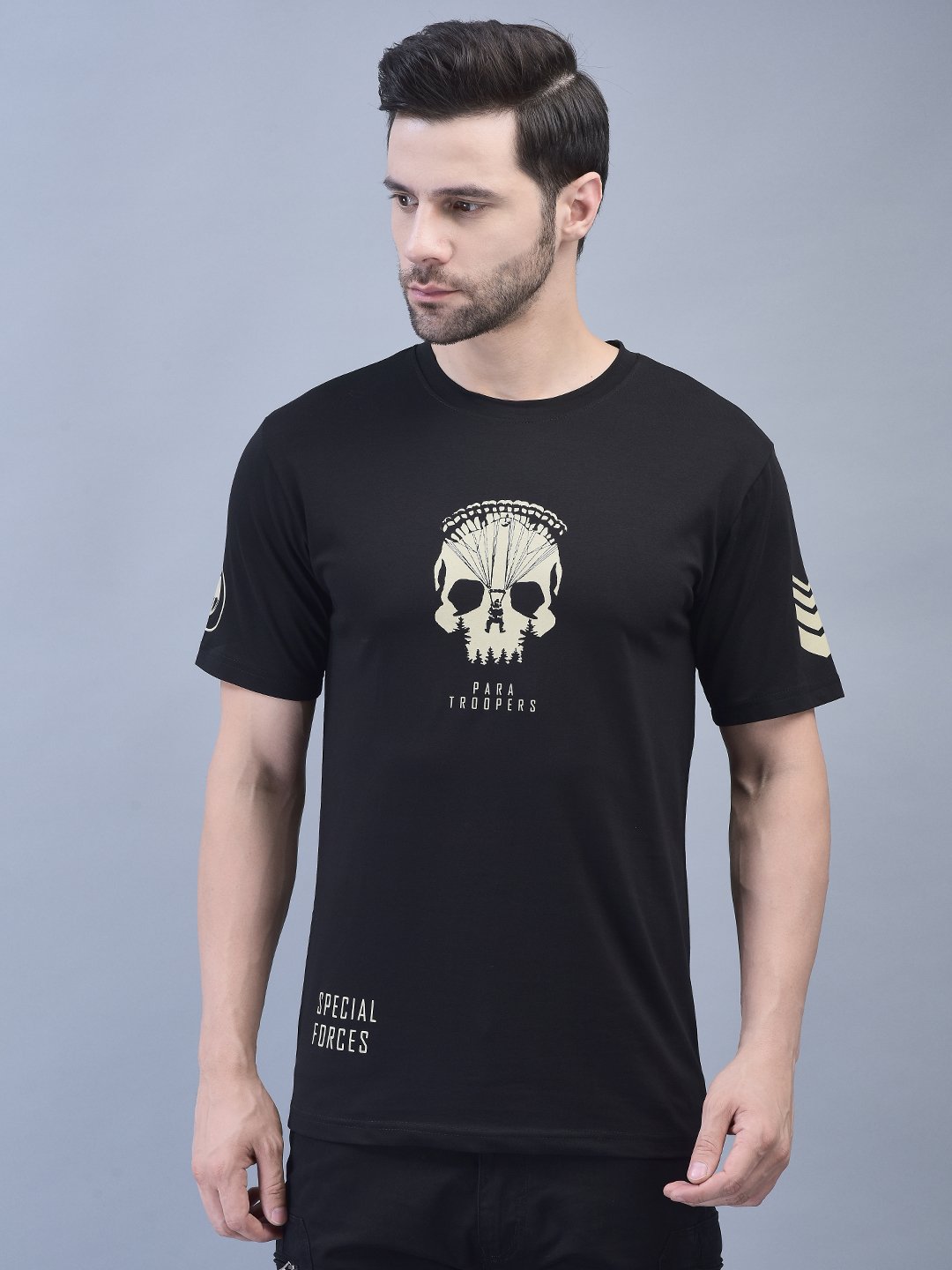 Black Cotton Lycra Half Sleeves  Tee With Skull Para Trooper Logo